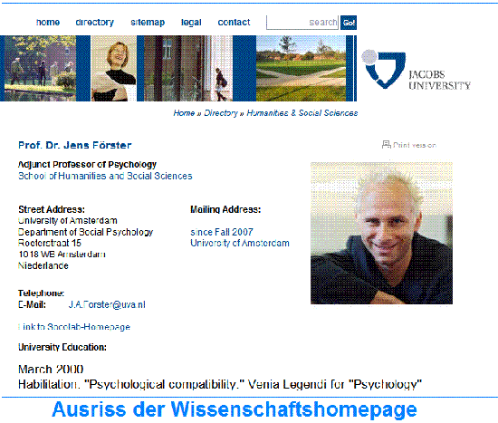 Ausriss Homepage Wissenschaft