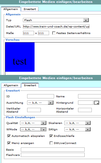 Flash einbetten und einstellen
