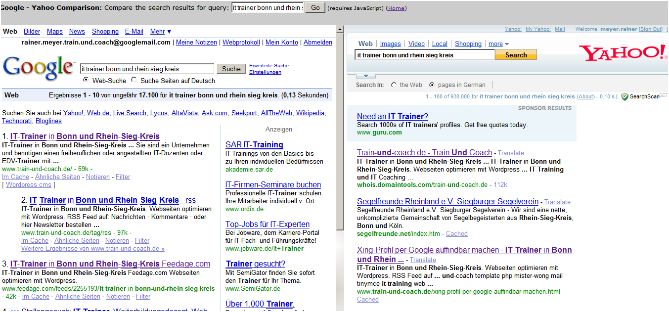 Paralleler Vergleich der Suchmaschinen Google und Yahoo